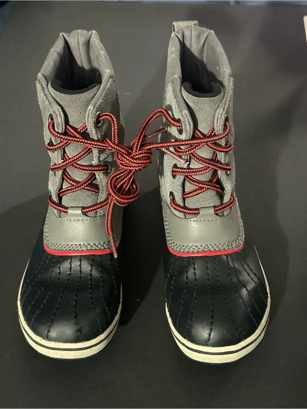 SOREL Winter Slimpack Lace Snow Boots Black Gray Red Kids Size 3